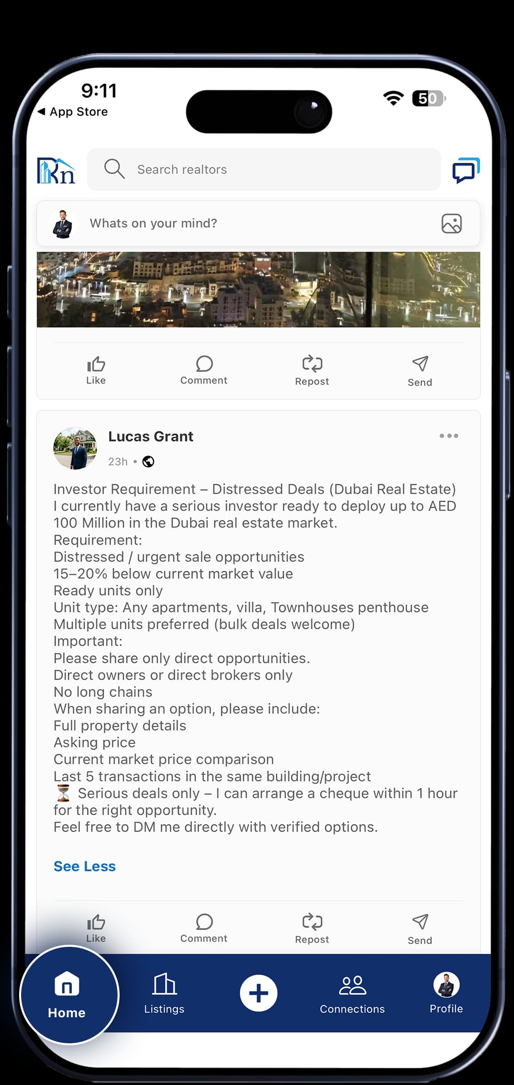 RealtorsIn app mockup feed