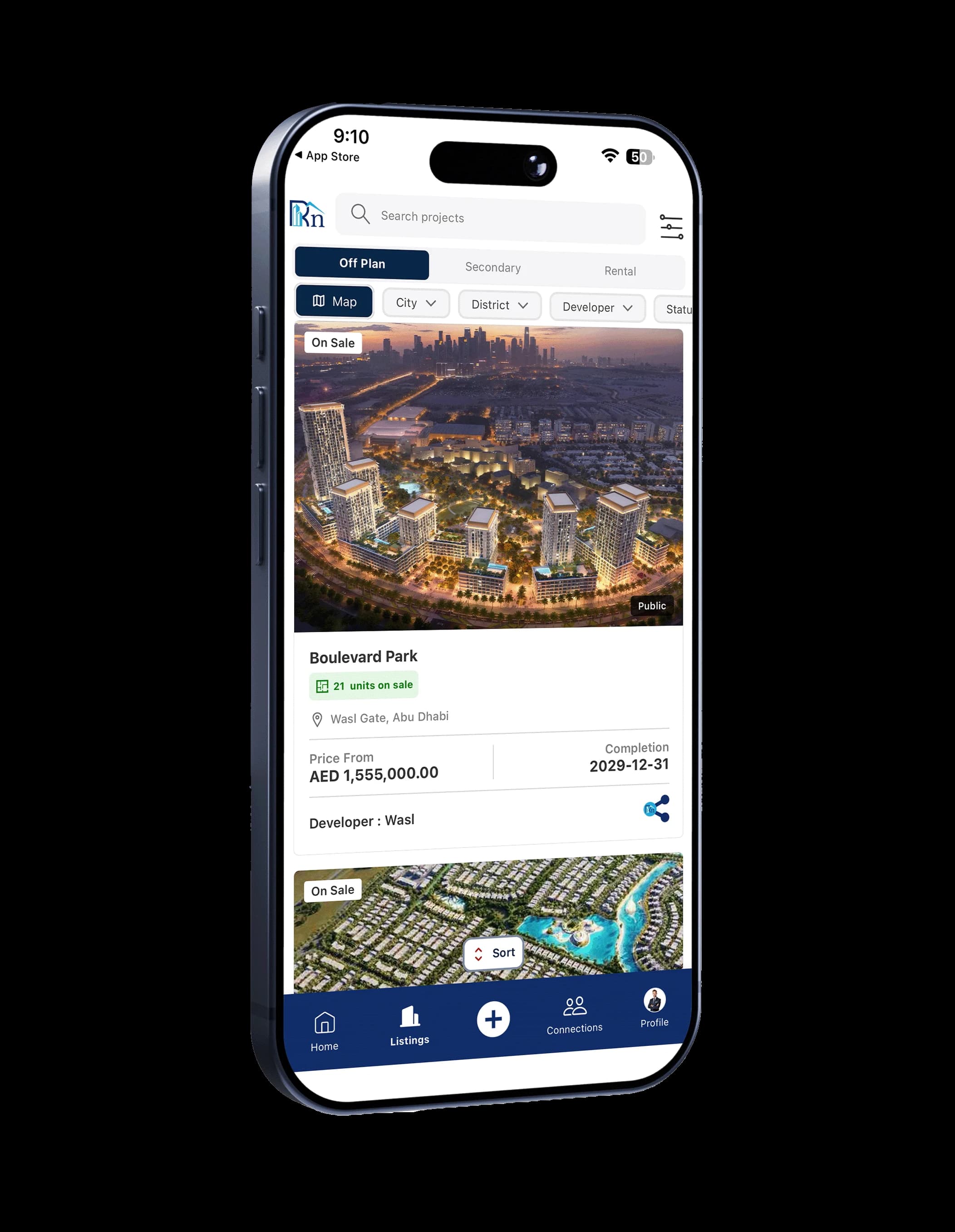 Mobile app screen showing off-plan real estate listings with map view, property images, prices, and Abu Dhabi development projects