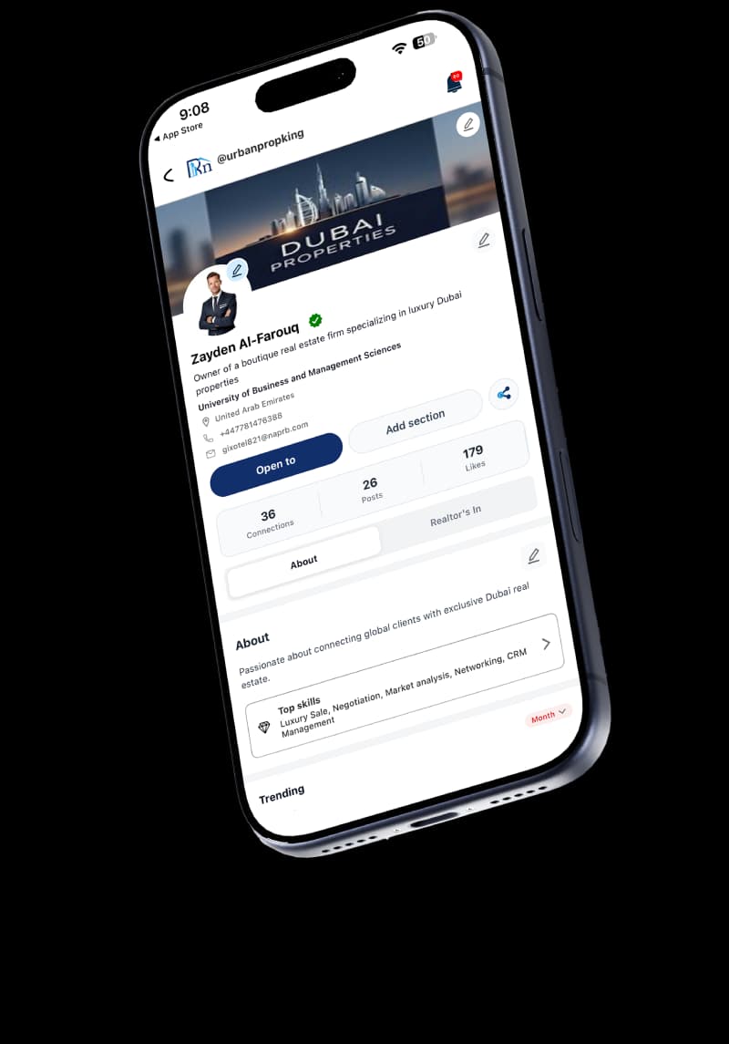 Real estate agent profile on mobile app showing connections, posts, and professional details in Dubai property network