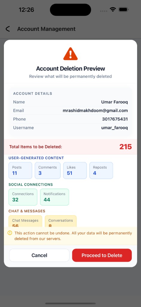 Account Deletion Preview showing data that will be permanently removed
