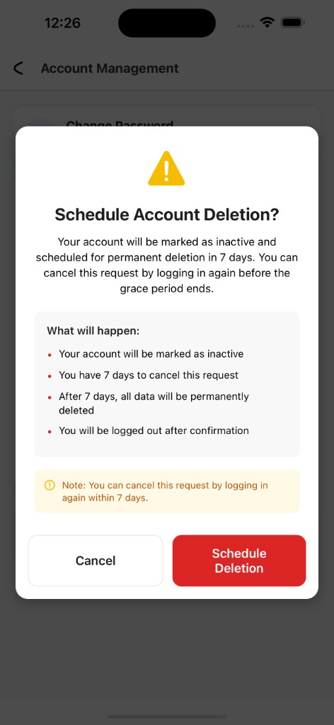 Schedule Account Deletion confirmation modal with 7-day grace period